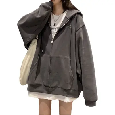 Women Grey Fleece Zip Hoodie Spring Autumn 2025