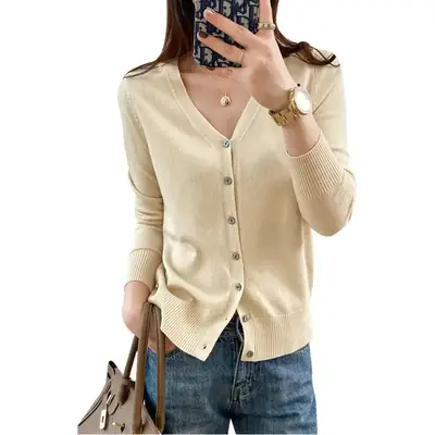 Women Red Knitted V-Neck Cardigan Long Sleeve