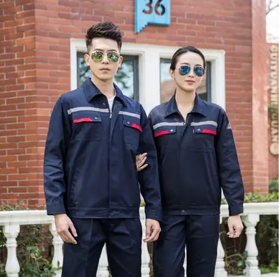Men's Navy Blue Anti-Static Work Suit with Red Accents