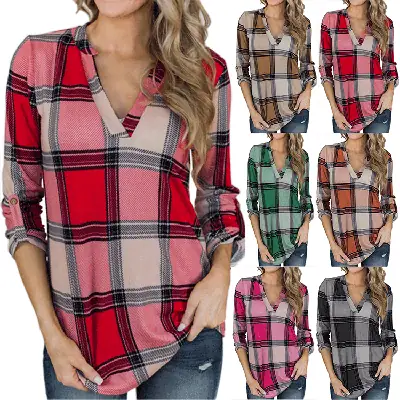 Women's Pink Plaid V-Neck Long Sleeve T-Shirt
