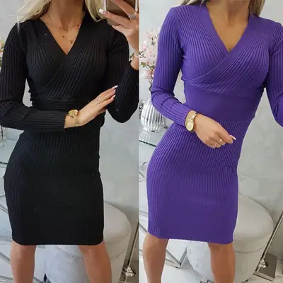 2023 Winter Long Sleeve V-Neck High Waist Dress