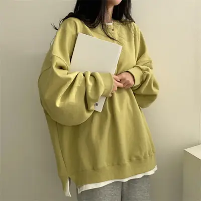 Women Cotton Loose Sweatshirt Black Large Spring Autumn