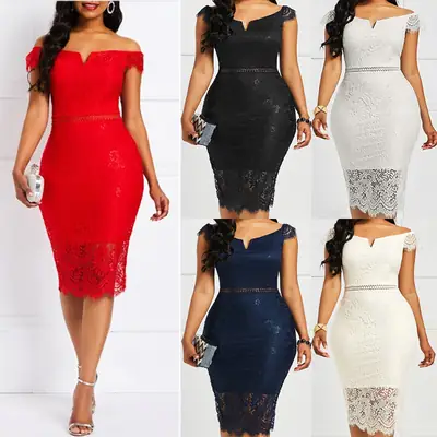White Lace Mid-Length Evening Dress with Off-Shoulder V Neck