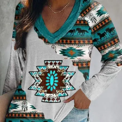 2021 Foreign Trade Cross-border Women's Fashion Loose Round Neck Digital Printing Western V-neck T-shirt Long Sleeve Top 6903
