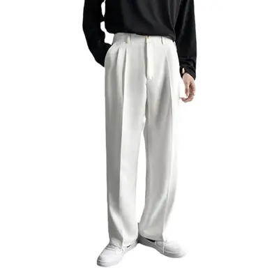 Men's Hong Kong-style Loose Straight Pants Beige White Suit