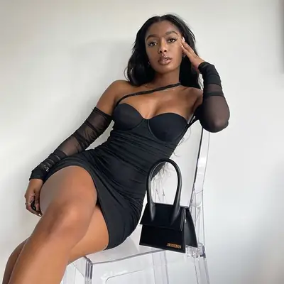 Black Mesh Tight Dress with Halter and Hip Skirt