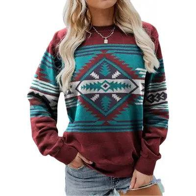 Women's 2021 Geometric Print Sweater Maroon Teal