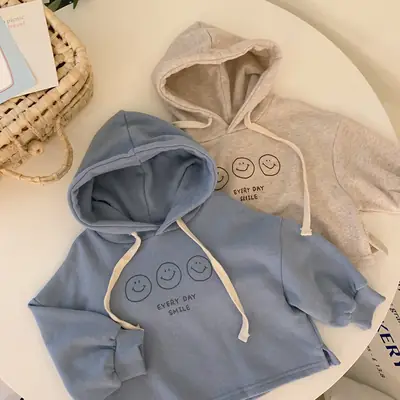Baby Hooded Sweatshirt Blue Smile Print Spring Pullover Top