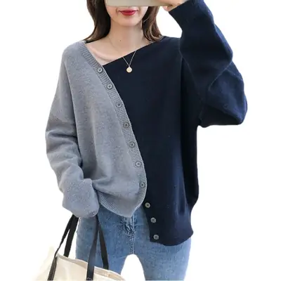 Women Knitted Slant Placket Sweater Gray Blue