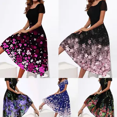 2021 Floral Print Midi Skirt Black with Pink White Flowers