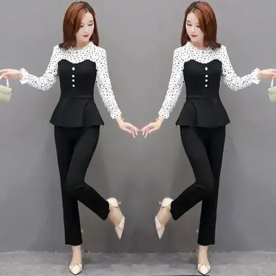 Women 2-Piece Black Lace Top & Slim Pants Suit