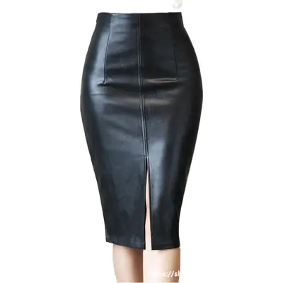 Black Leather Slit Skirt for Women