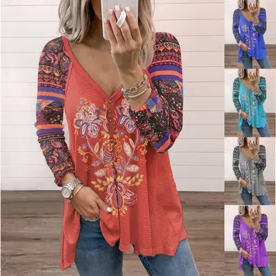 Purple Printed V-Neck Long Sleeve T-Shirt for Women