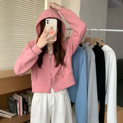 Women Pink Korean Hoodie Long Sleeve Zipper