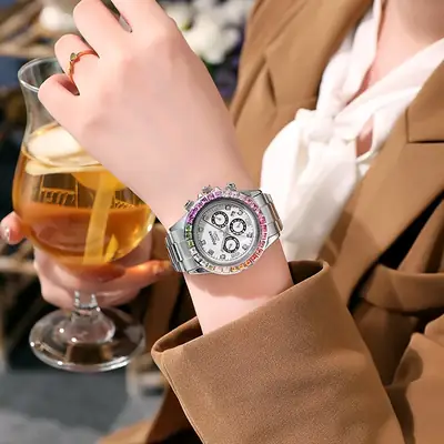 Prima Mobile Gold Watch with Rainbow Rhinestones