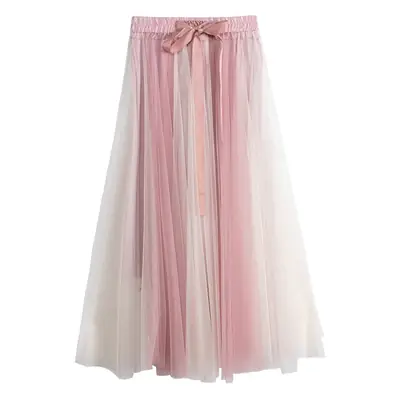 Women's Long Gauze Skirt Brown White High Waist Slimming