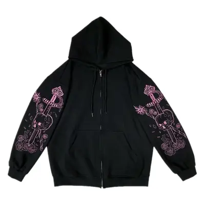 Black Printed Hoodie with Guitar Embroidery for Women