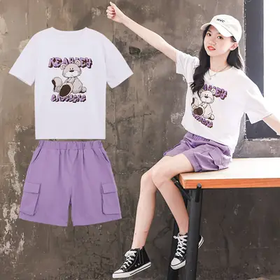 Girls 2Pc Cotton Graphic Shorts Set White Purple Summer 2025