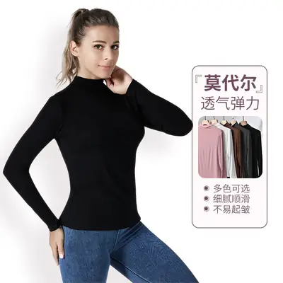 Women's Black Long Sleeve Turtleneck Shirt with Elastic Waist