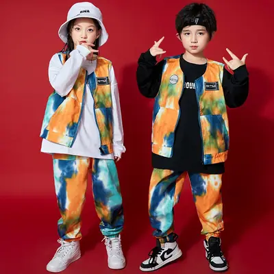 Hip Hop Street Dance Suit Boys Girls Orange Tie Dye