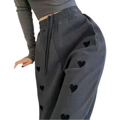 Women Embroidered Heart Pants Black High Waist Casual 2021