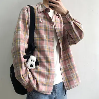 Men's Blue Plaid Korean Style Shirt 2025 Spring