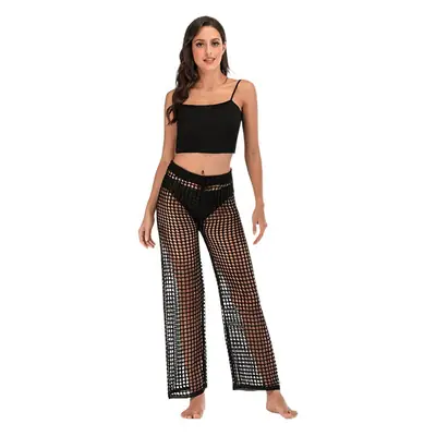 White Hollow Knitted Wide Leg Pants for Women