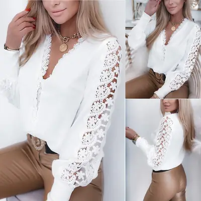 2021 Black Lace Long Sleeve V-Neck Women's Shirt