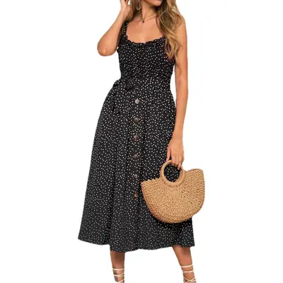 2021 Black Ruffled Dot Print Single Breasted Dress