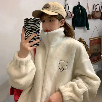 Pink Bear Embroidery Women's Velvet Coat with Crossbody Bag
