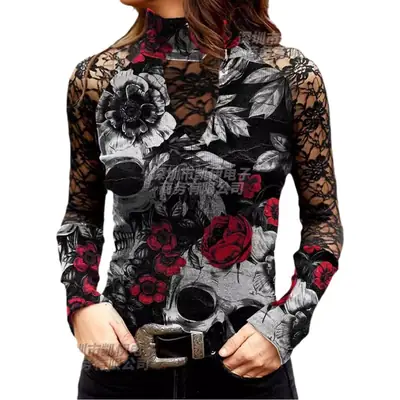 Lace Skull Printed Women's Top T-Shirt Black Purple