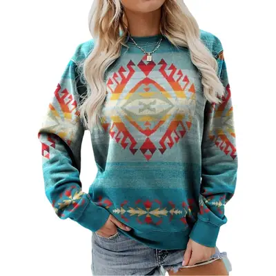 Women's 2021 Geometric Print Sweater Teal Brown