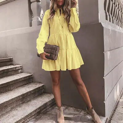 2021 New Autumn Yellow Ruffled High Waist Dress for Women
