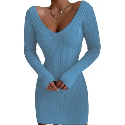 Pink V-Neck Long Sleeve Knitted Dress for Women
