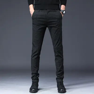 Men Cotton Dark Blue Trouser Mid Waist Casual