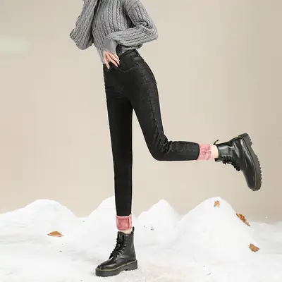 Fleece Lined Thickened Jeans Women Winter 2020 High Waist Elastic Large