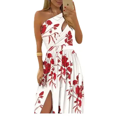 2026 Women's Red Floral Off-Shoulder Slit Dress