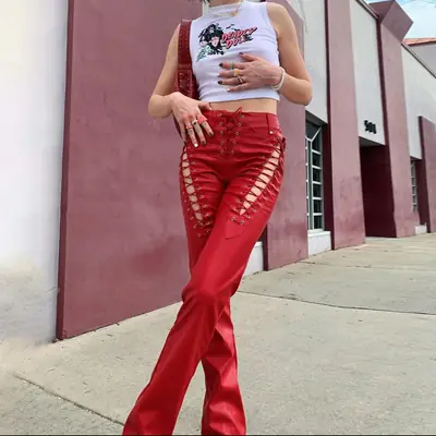 Red High-Waisted Leggings with Cut-Out Straps for Women