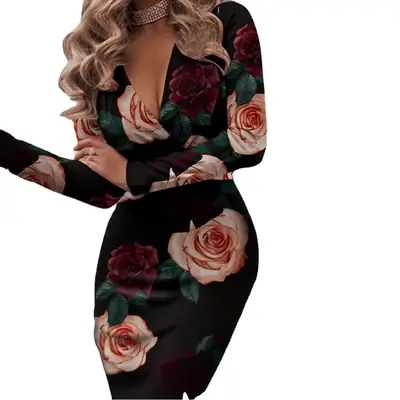 2023 Women's Black White Houndstooth Long Sleeve V Collar Dress