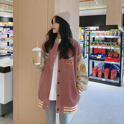 Women Retro Harajuku Bomber Jacket Blue Beige 2025