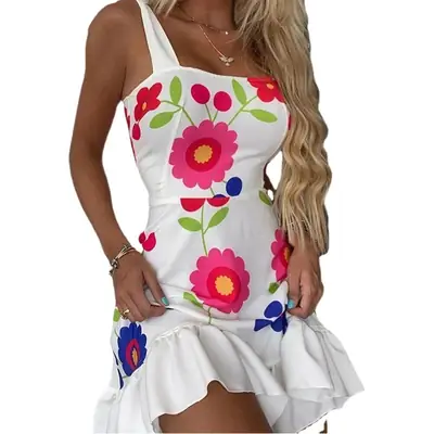 White Floral Strap Dress for Girls with Irregular Looser
