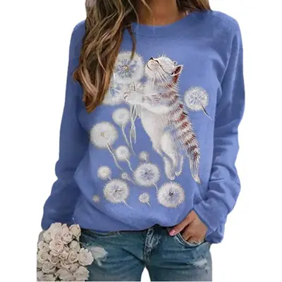 2021 Cartoon Cat Printed Long Sleeve T-Shirt Blue