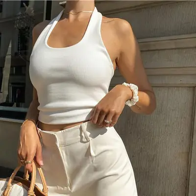 Women's White Navel-Baring Sleeveless Vest with Ribbed Bottom