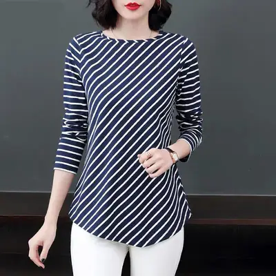 Women Long Sleeve Striped T-Shirt Brown Black Large