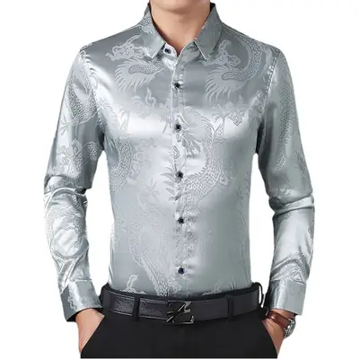 Blue Dragon Embroidered Long Sleeve Shirt for Men
