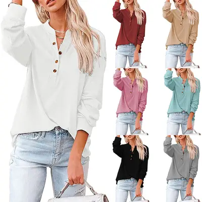 Women's Grey Knitted V-Neck Long Sleeve T-Shirt