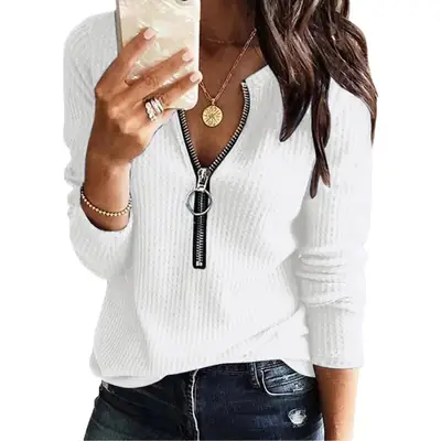 Black Zipper V-Neck Long Sleeve T-Shirt for Women