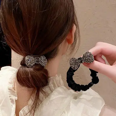 Korean Bow Hair Ring with Full Diamond Design