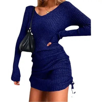 2025 Knitted V Neck Long Sleeve Ribbed Skirt Set