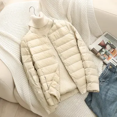 Women's Beige Down Puffer Jacket Winter Warm Short Sleeve